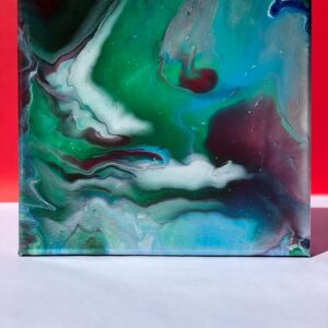 8in by 8 in painting canvas | Green, Silver, Burgundy Red, Light Blue, & Blue silver painting