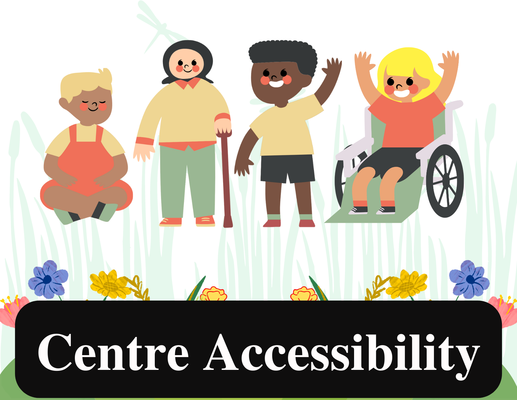 4 cartoon kids, image is followed from a boy on the left side is sitting down, middle left is a girl wearing a hijab (head scarf) with a cane on her left hand, middle right is a boy with one hand waving, right side is a girl with both her hands up on a wheelchair. 
