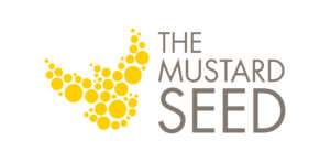 Yellow silhouette bird and the writing logo of 'the mustard seed'
