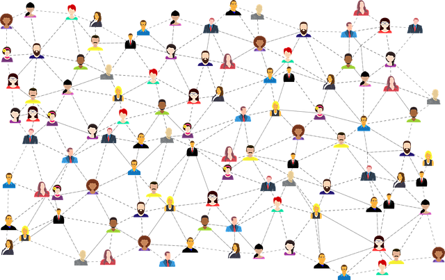 An illustration of a group of people individually separated but connected by a straight and broken lines interconnecting with one another
